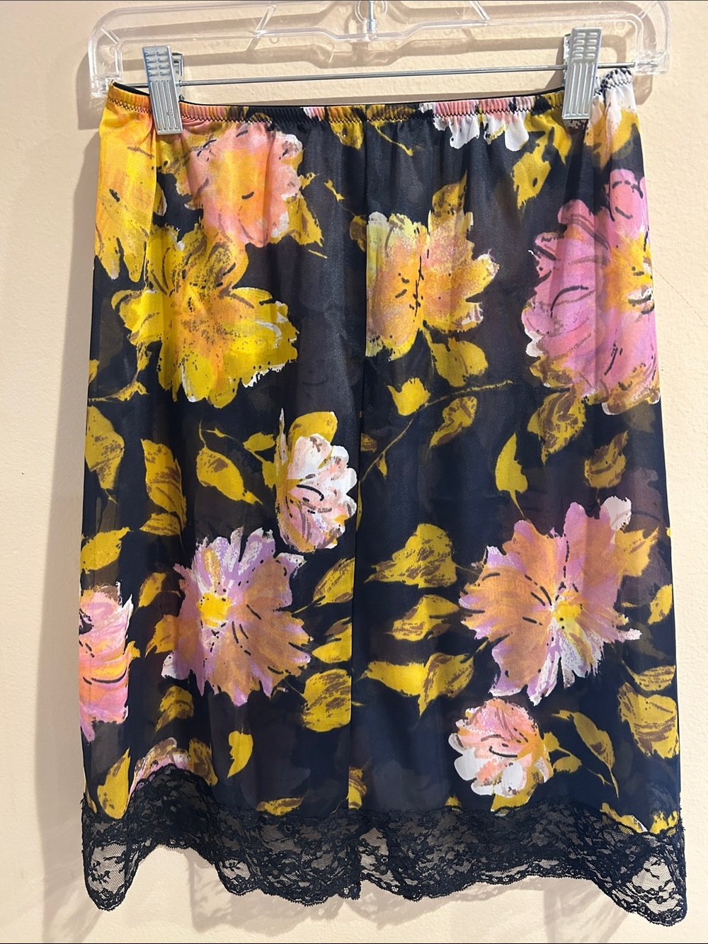 Vanity Fair Vintage Black Chemise Slip with Pink & Yellow Floral Print